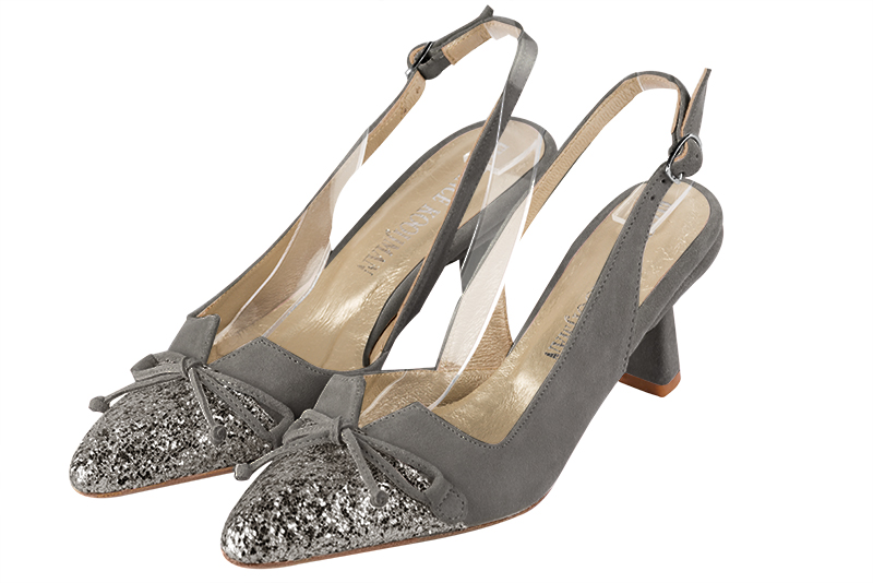 Dark silver and dove grey women's open back shoes, with a knot. Tapered toe. Medium spool heels. Front view - Florence KOOIJMAN